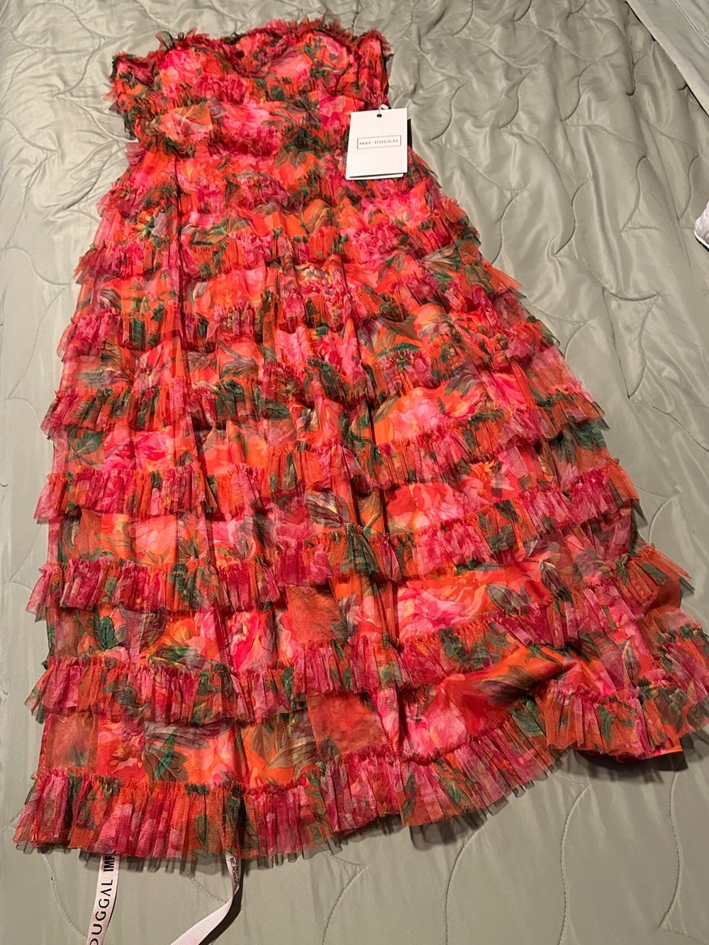 Mac Duggal Strapless Floral Tiered Ruffle Maxi Dress in Coral and Pink - Picture 6 of 16